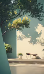 a chair in a courtyard area next to some trees