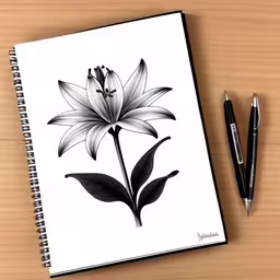 a drawing of a flower in ink on a notepad,notebook with pen next to drawing of a flower,a flower drawing next to a pen and ink,the black and white photo shows a flower and two fountain pens on the table,a sketch of a flower, one in black and white