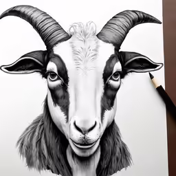 an artistic drawing of a goat with large horns