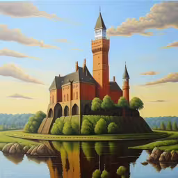 a painting of a castle with some trees,an oil painting of a castle and bridge in the background