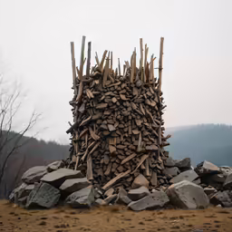 a bunch of sticks and rocks sitting on a field