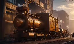 an old train on the tracks by some buildings,an image of a steam train going by a town