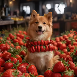 a small dog sits in between lots of strawberries
