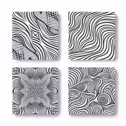 four different designs in black and white,four black and white tiles with various patterns