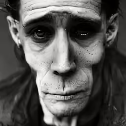an old, creepy looking man with a tie on and eyeliner