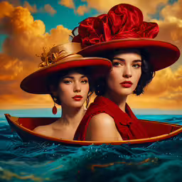 two women in hats floating in the ocean together,the beautiful ladies are standing in a row boat