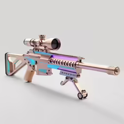 a futuristic weapon in pink and blue tones