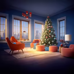 a living room scene with a decorated christmas tree