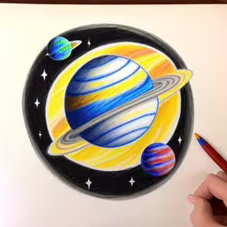 someone is drawing a solar system with colored pencils
