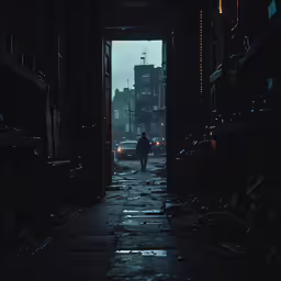 a man walking down a dark street in the middle of night