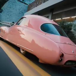 a pink car traveling down a street past a building