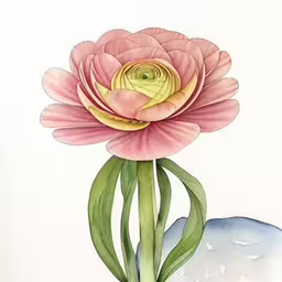 a painting of flowers is on display in a white background,watercolor drawing of a pink flower with green stems and leaves