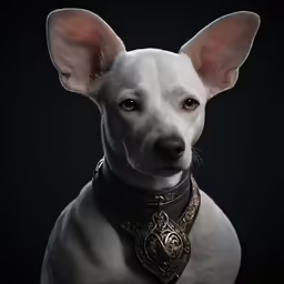 an image of a white dog with ornate collar