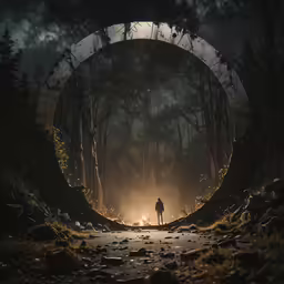 a man standing in the middle of a forest under the moon