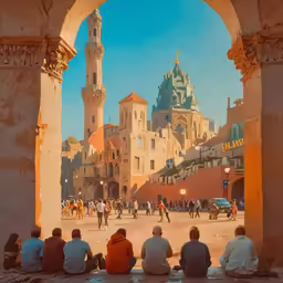 group of people sitting in front of buildings and looking into a arch