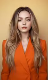 a portrait of a woman wearing an orange suit