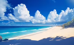 the view of the beach from under clouds over water