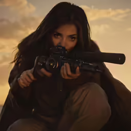 a woman with a rifle in front of a sunset