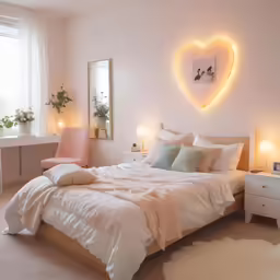 a bed is in a room with a heart shaped lights above the bed