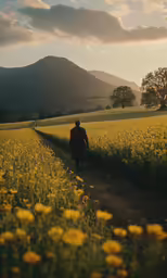 a man walking in a field of flowers during the day