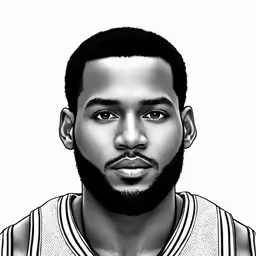 a black and white photo of a man wearing a jersey