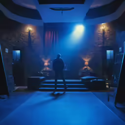 man walking on an empty stage towards stage with lights