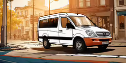 white van on the road near an orange curb,a white and orange van parked next to a building