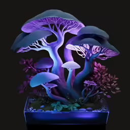 glowing mushrooms on display in a glass container