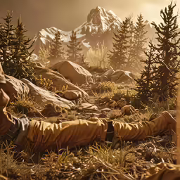 a man is lying in the grass near trees