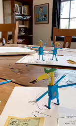 the toy figures are placed on top of the unfinished table
