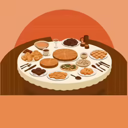 a table is sitting on an orange background with plates of food