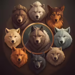 a circle of nine wolf heads against a black background