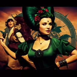 a woman is dressed in green with a rose on her head