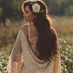 a woman with long hair is standing in a field