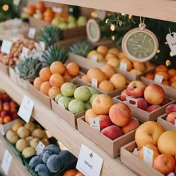 some fruit in boxes that is by a wall