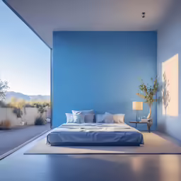 there is a blue wall that looks like a bedroom