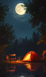a tent with its roof up, in front of a lit bench and tree at night,a tent sits in the ground with a full moon rising behind it