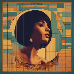 a woman with black hair and earrings on a geometric background,a person in front of a blue and yellow wall