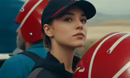 a woman wearing a red and white helmet