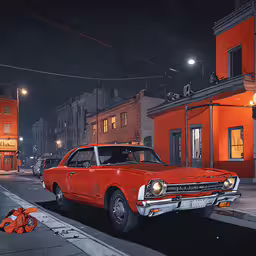 a red and black car parked on the side of the road,an old - school car sitting in a small city street