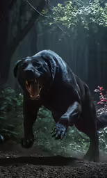 the bear is black with open mouth on ground