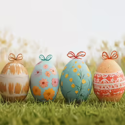 three different colored eggs sitting in the grass