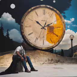 a man sitting near a large clock that says it is half past noon