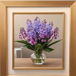 purple flowers arranged in a glass vase under a golden framed