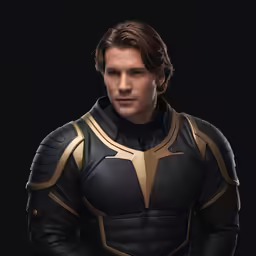 a young man wearing a black costume and gold accents