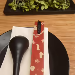 the utensil on the black plate has a red ribbon