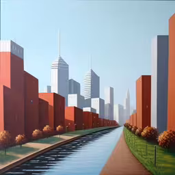 a painting of a city with an orange building next to it