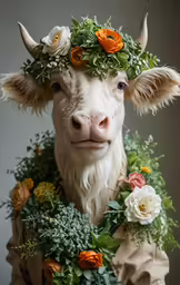 the horned cow has a floral crown on its head