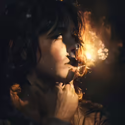 a close up photo of a woman holding her hands to her face and looking at something