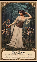 a woman in a dress and hat with a tree in the background